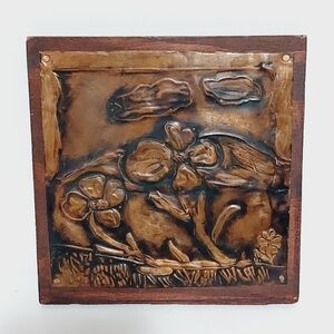 Vintage 1960s Hammered Copper Repousee Folk Art Signed Rustic Flowers Outdoor